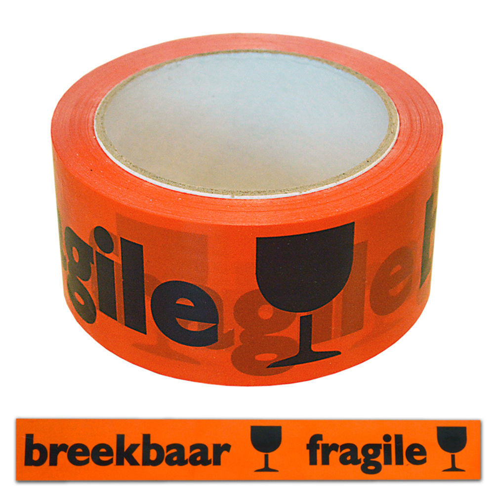 PP Waarschuwingstape oranje/zwart - breekbaar-glas-fragile - 50mm x 66m