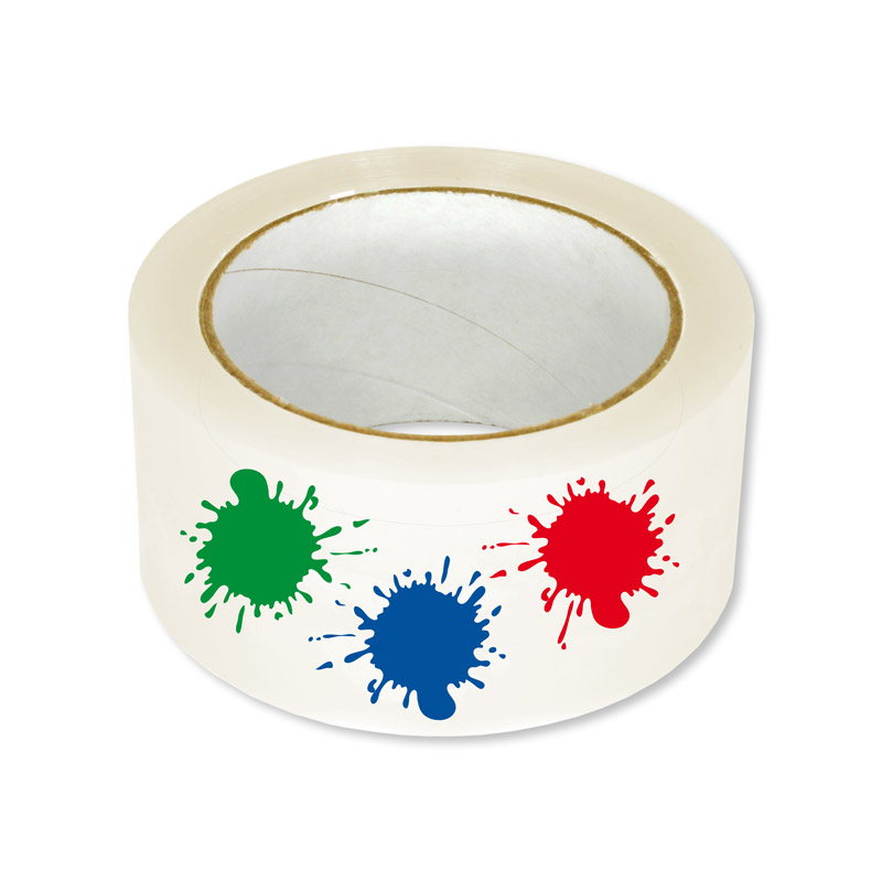 Bedrukte PVC tape - 50 mm × 66 m, 3-kleuren PMS, transparant/bruin/wit Bedrukte PVC tape - 50 mm × 66 m, 3-kleuren PMS, transparant/bruin/wit
